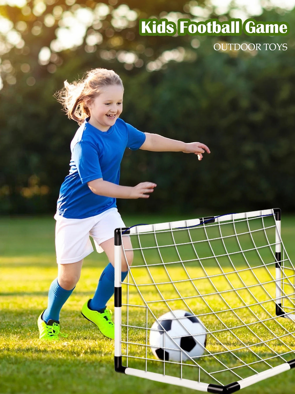 Young girl playing football with a portable white and black garden goal and a traditional black and white soccer ball.