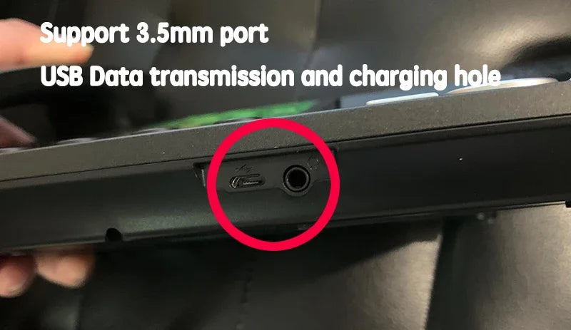 Black device side profile showing a 3.5mm audio jack and a USB port for charging and data transmission.