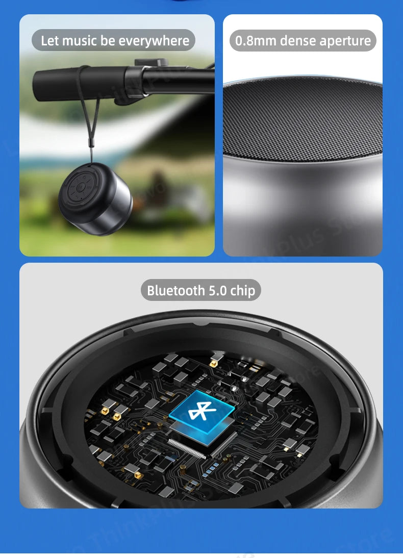 Compact grey portable Bluetooth speaker with a lanyard for hanging, featuring a fine metal mesh and internal chip.