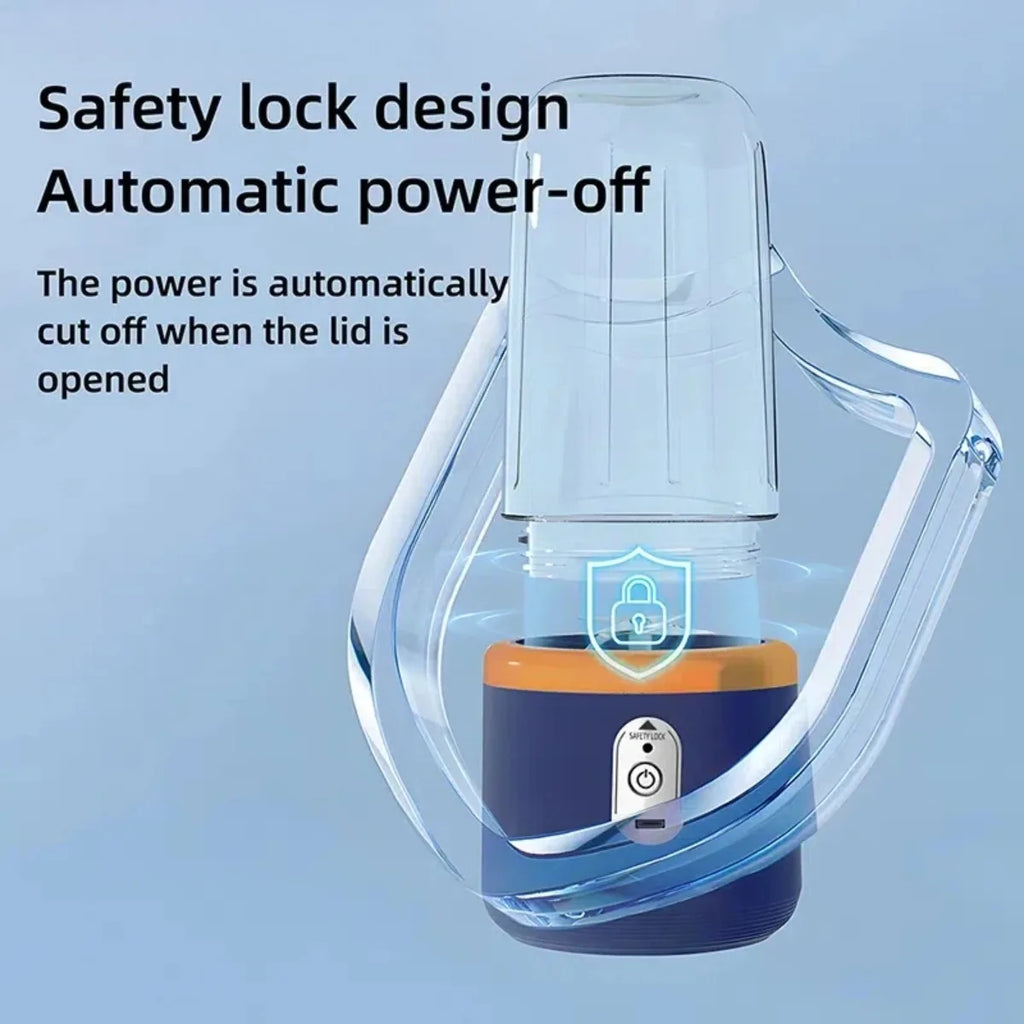 Portable electric blender with a clear cup, blue base, orange rim, power button, and safety lock feature.