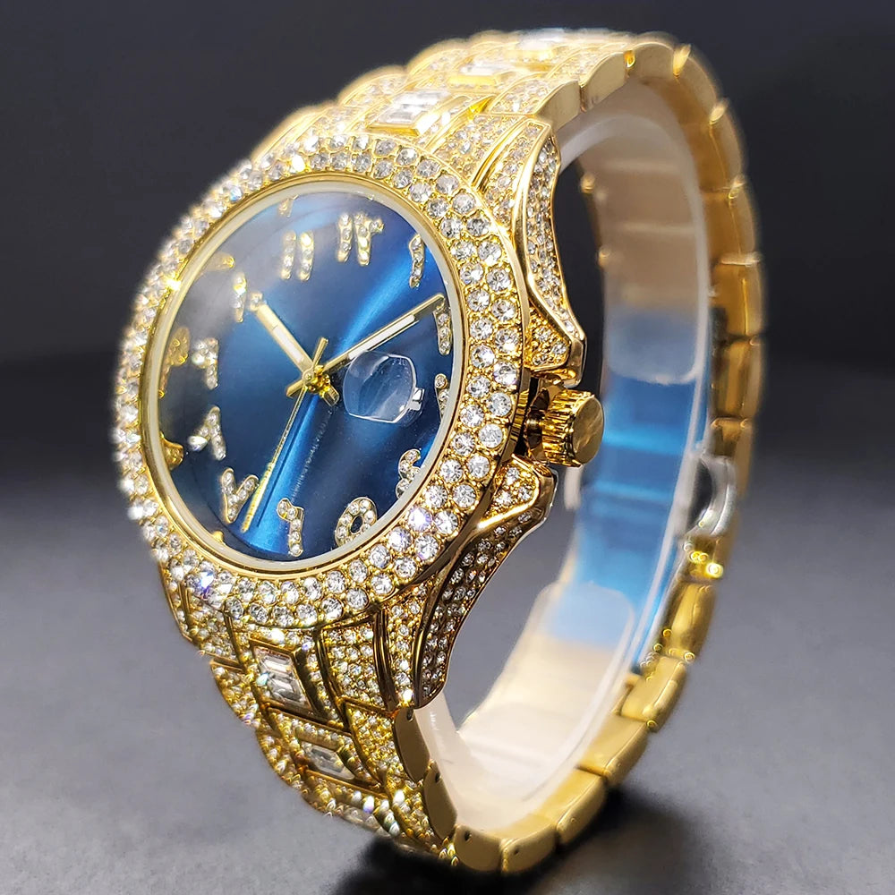 Elegant gold-tone ladies' watch featuring a blue sunray dial, diamond-accented bezel, and matching crystal-set strap.