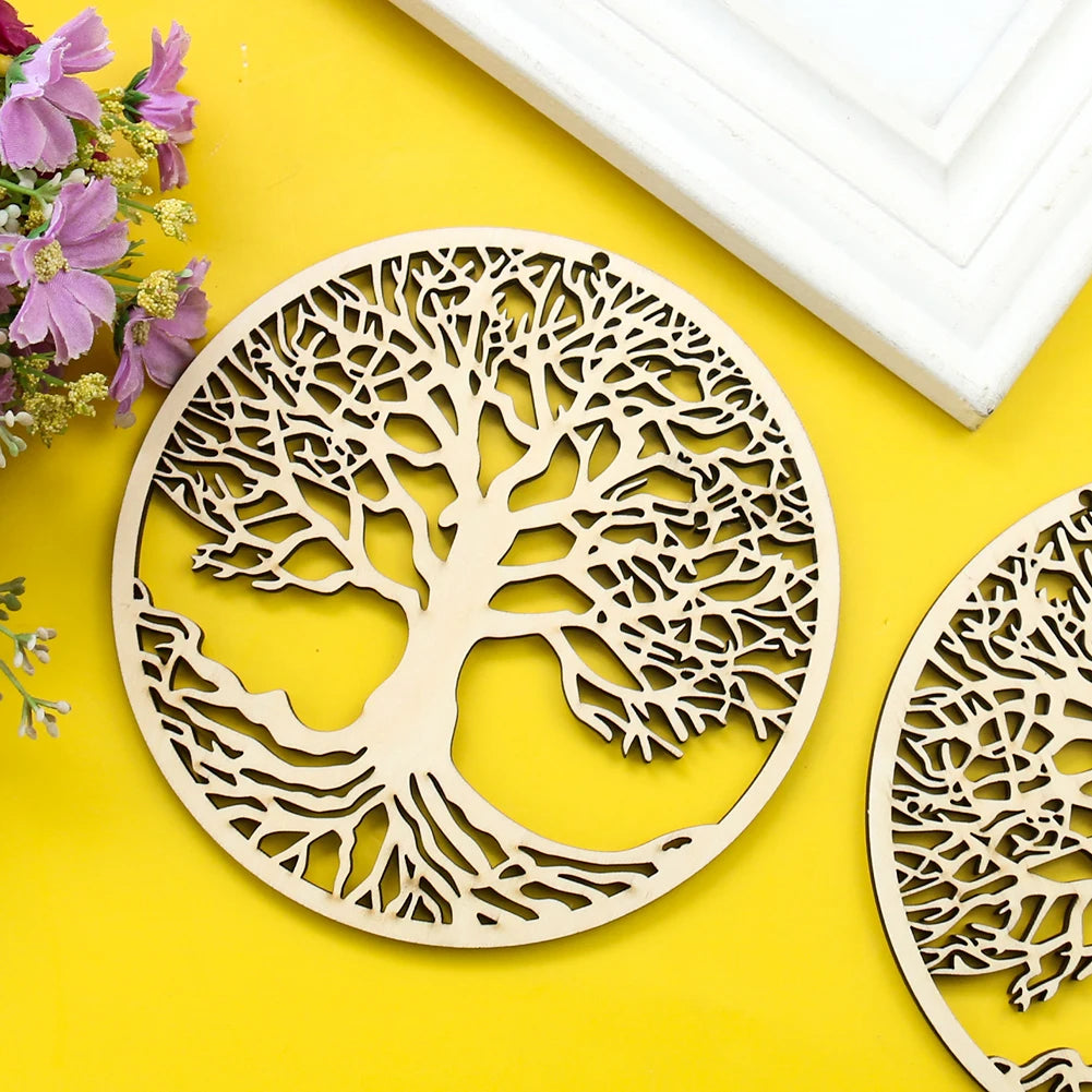 Circular natural wood wall art featuring an intricate laser-cut Tree of Life design against a bright yellow background.