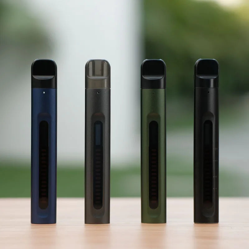 Four slim, sleek respiratory training devices in blue, grey, green, and black, featuring vertical digital displays.