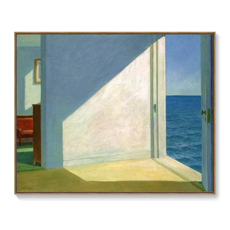 Decorative meter box cover featuring an art print of a serene room with an open door looking out to the blue sea.