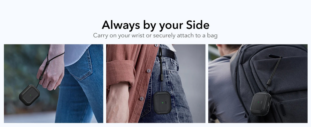 Black silicone AirPods Pro case with a handy carry strap, attached to a wrist, belt loop, and backpack.