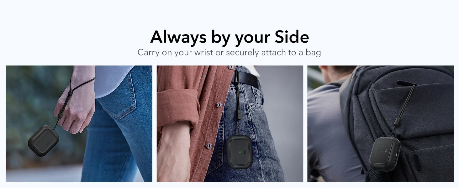 Black silicone AirPods Pro case with a handy carry strap, attached to a wrist, belt loop, and backpack.