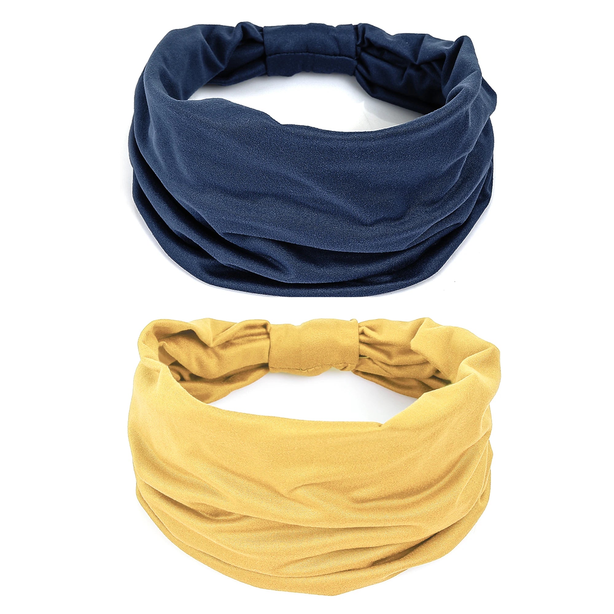 Two stretchy fabric headbands in navy blue and mustard yellow, featuring a ruched, gathered design.