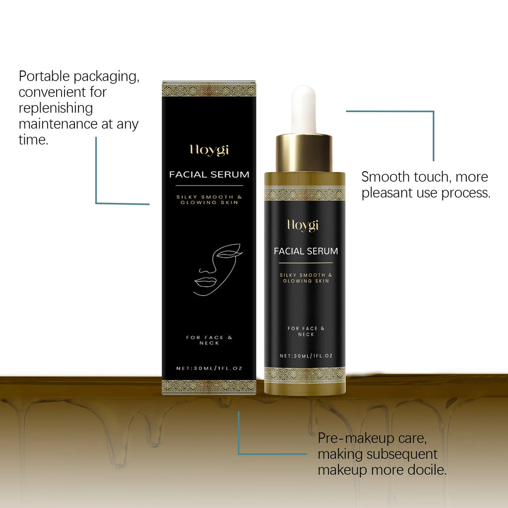 Black and gold facial serum bottle and box set for face and neck, promoting smooth, glowing skin.