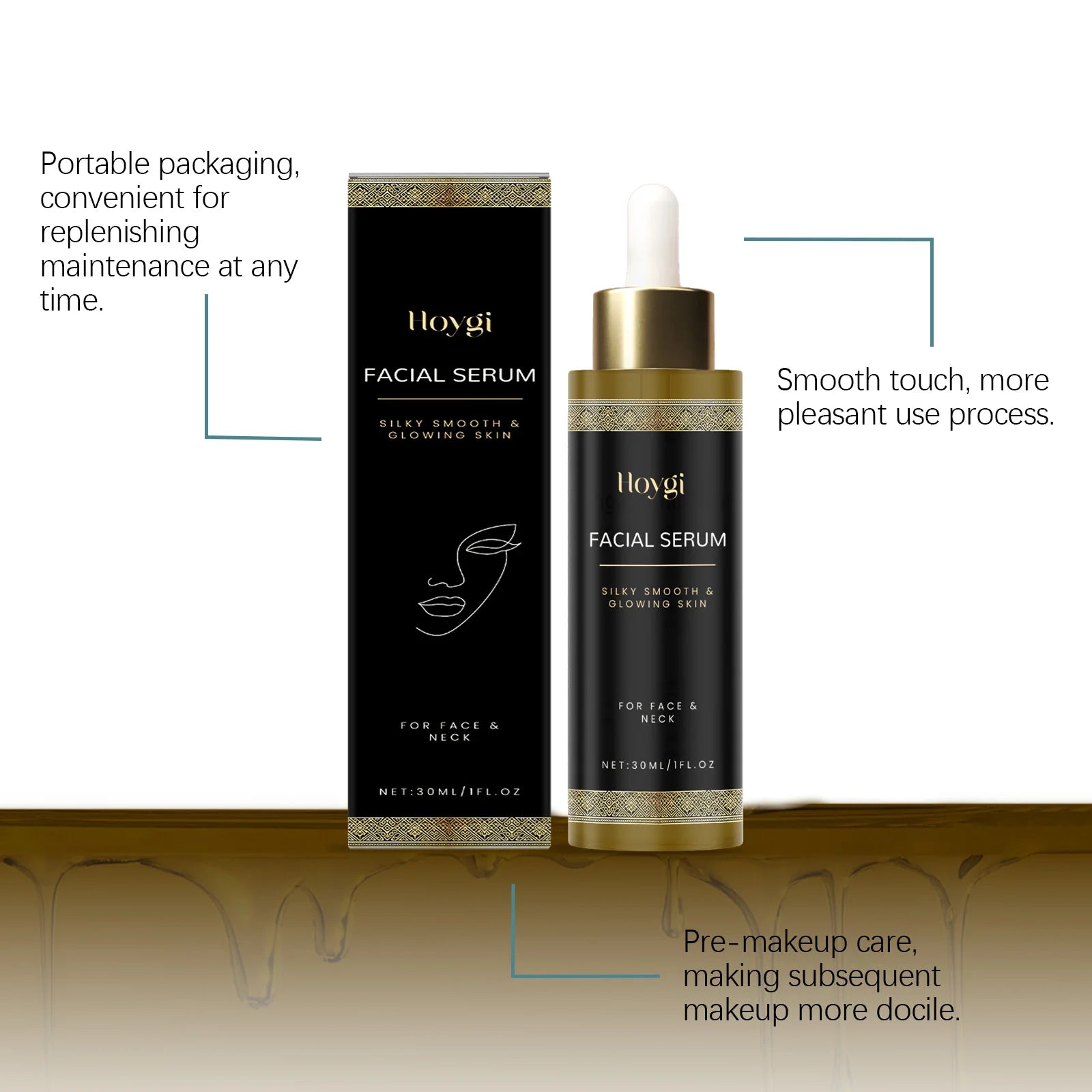 Black and gold facial serum bottle and box set for face and neck, promoting smooth, glowing skin.