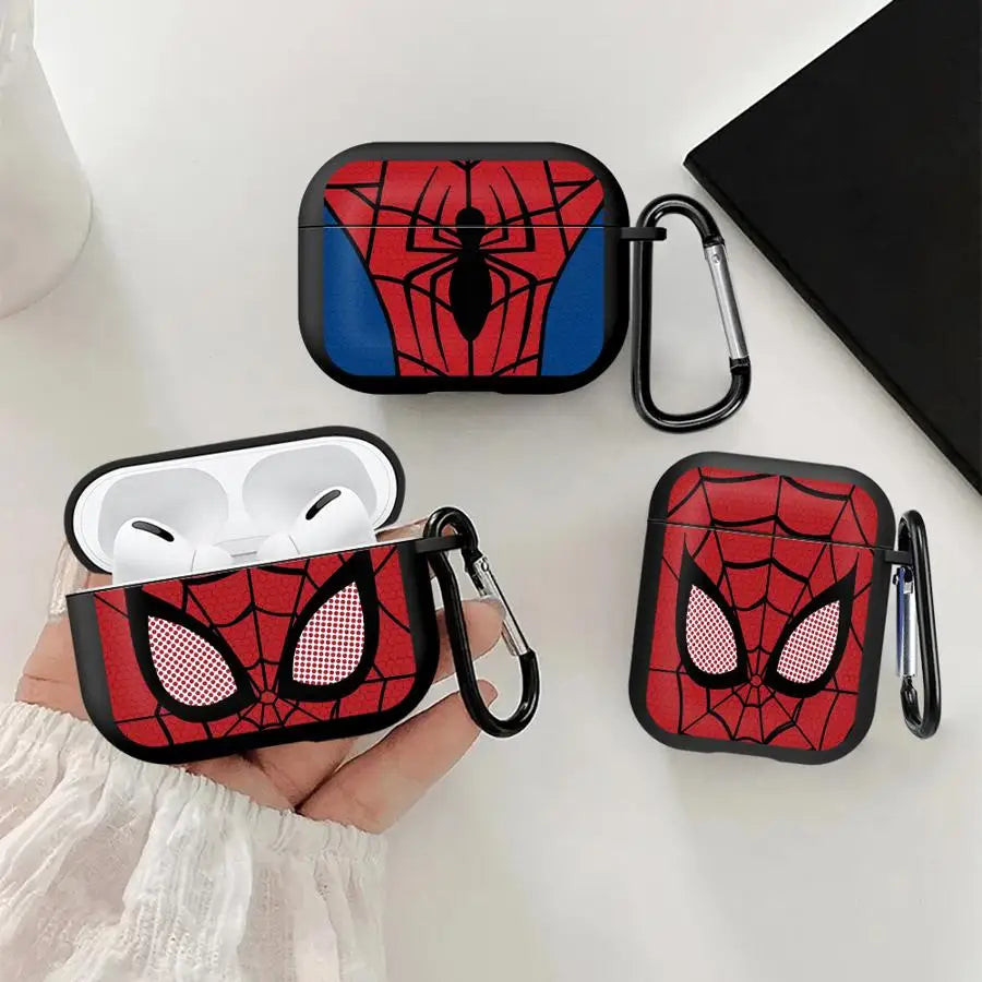 Spider-Man design silicone AirPods Pro cases in red and black, featuring keychains, shown from multiple angles.