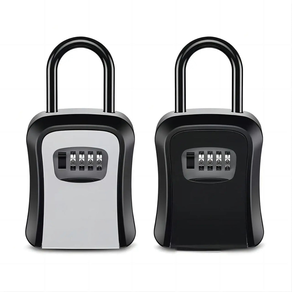 Two black metal padlock-style key storage boxes with four-digit combination dials. One has a silver front cover.