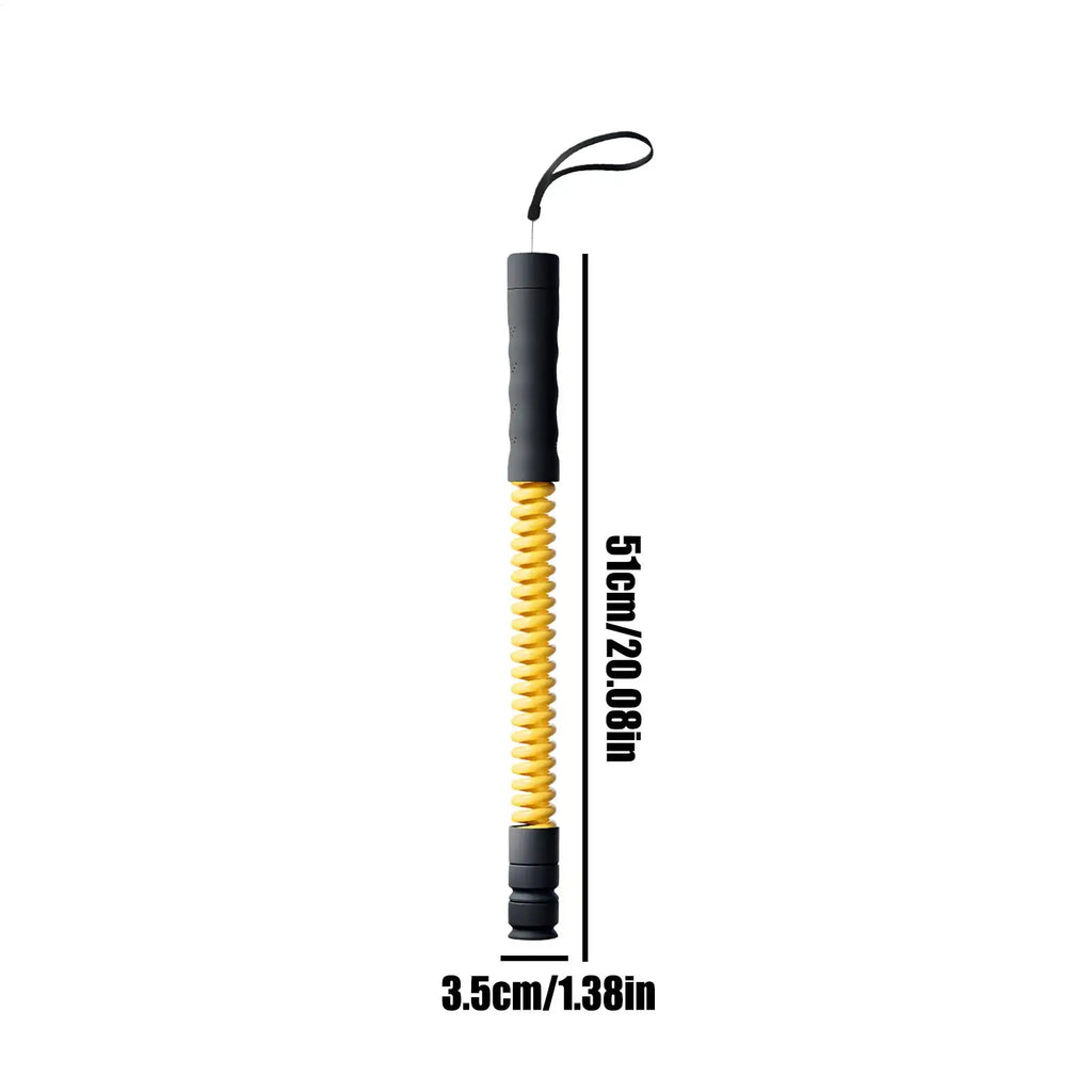 A 51cm long weighted fitness rope with yellow coiled spring section and black ergonomic handles with a wrist strap.