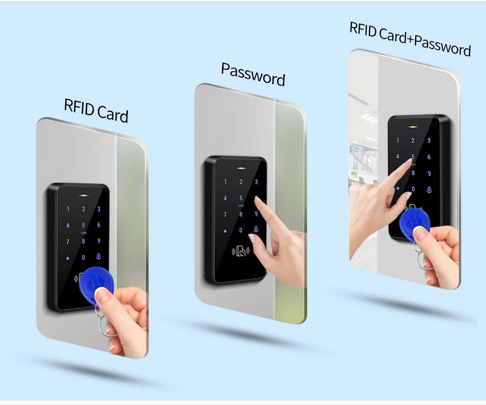 Black plastic electronic keypad door lock with RFID card reader, shown with card and password access methods.