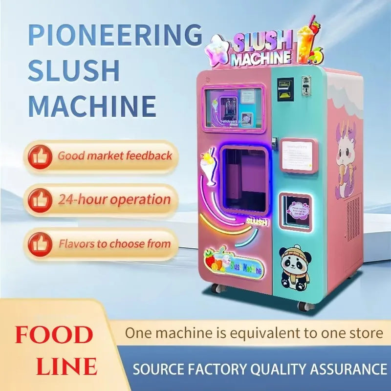 Pink and blue slush vending machine with cartoon graphics, a display screen, and a pickup window.