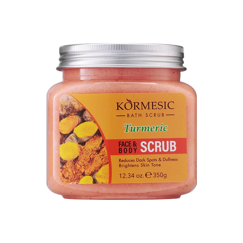A 350g jar of turmeric face and body scrub with a silver lid, formulated to brighten skin and reduce dark spots.