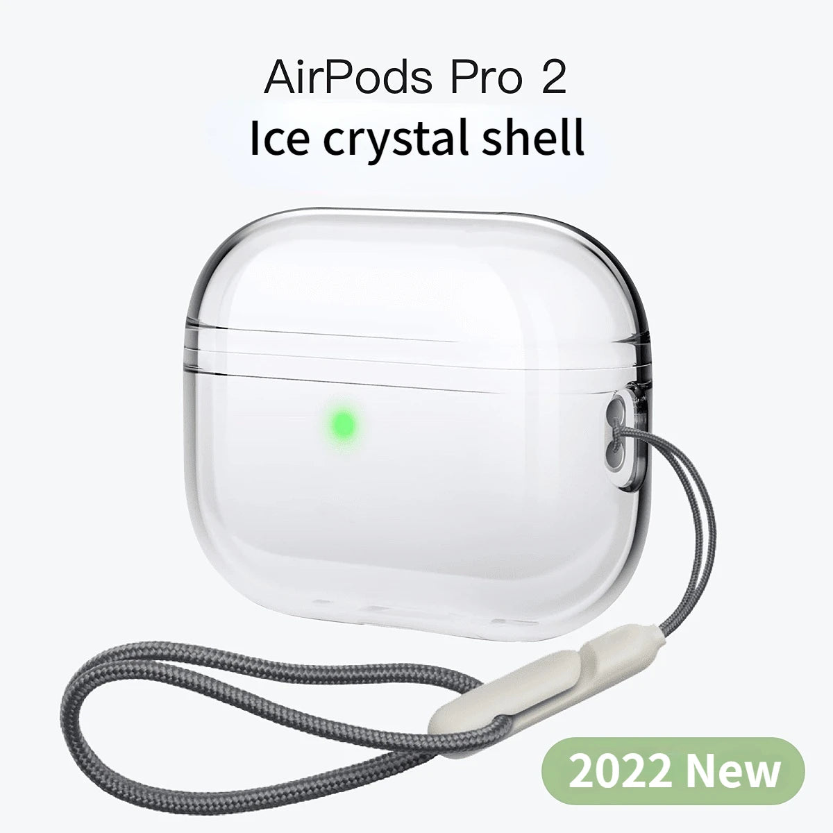 Clear, ice crystal-style hard shell case for AirPods Pro 2, featuring a detachable grey lanyard.