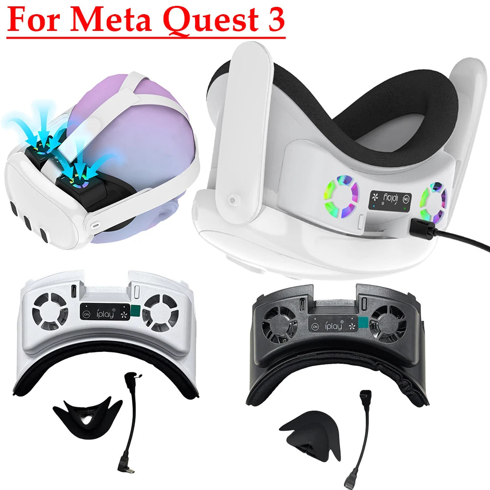 White and black VR cooling fan facial interfaces with dual fans, ventilation ports, nose guards, and charging cables.