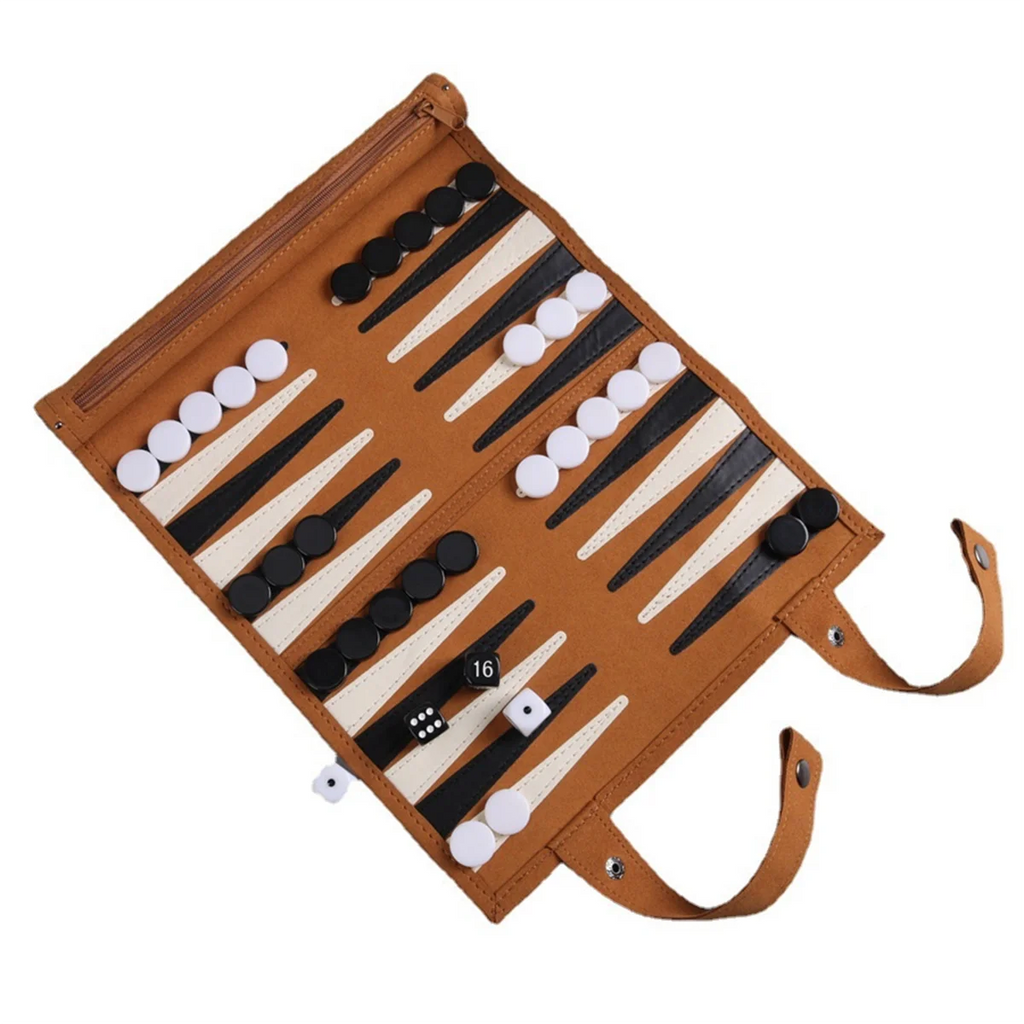 Brown roll-up portable backgammon set with black and white points, game pieces, and dice.