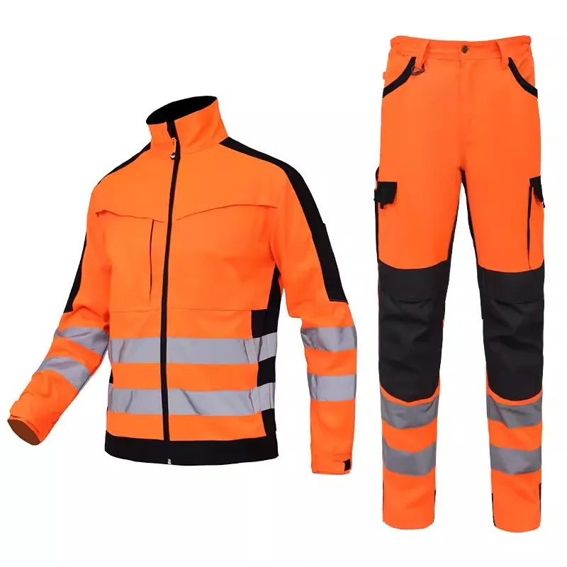 Orange and black high-visibility workwear jacket and trousers set with reflective strips and multiple utility pockets.