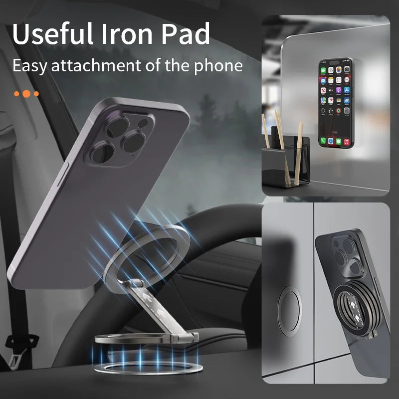 Silver metallic magnetic phone stand with a folding ring design, shown attached to a smartphone in various settings.