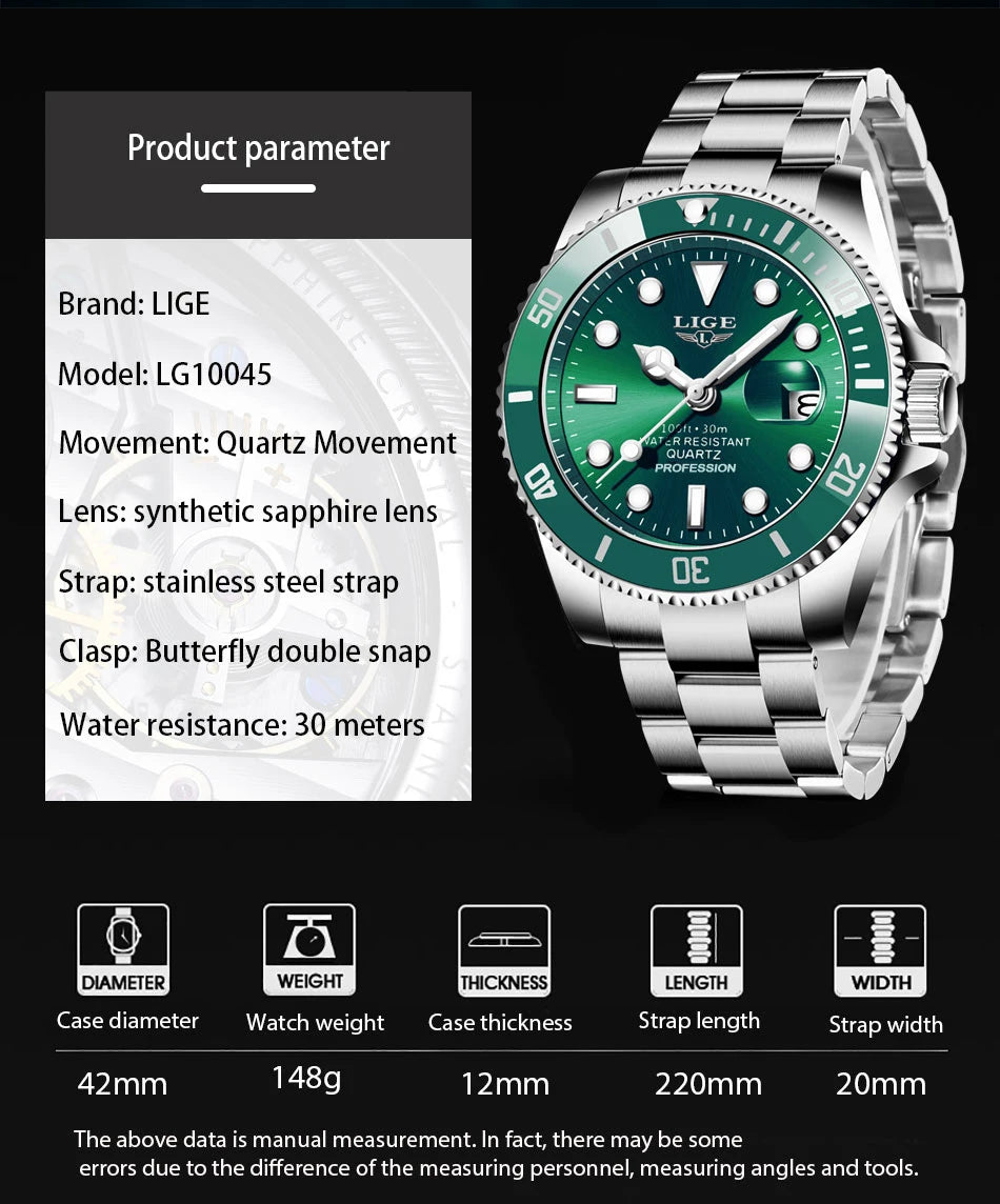 Men's quartz wristwatch with a green sunray dial, stainless steel strap, and a rotating bezel.