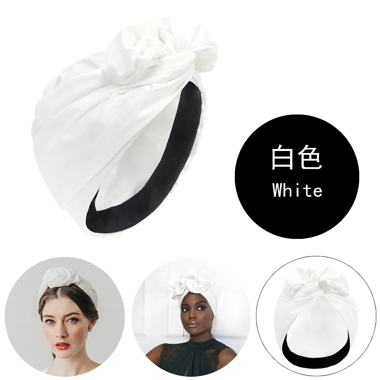 White vintage-style knotted turban hat with a smooth, satin-finish fabric and black interior lining.