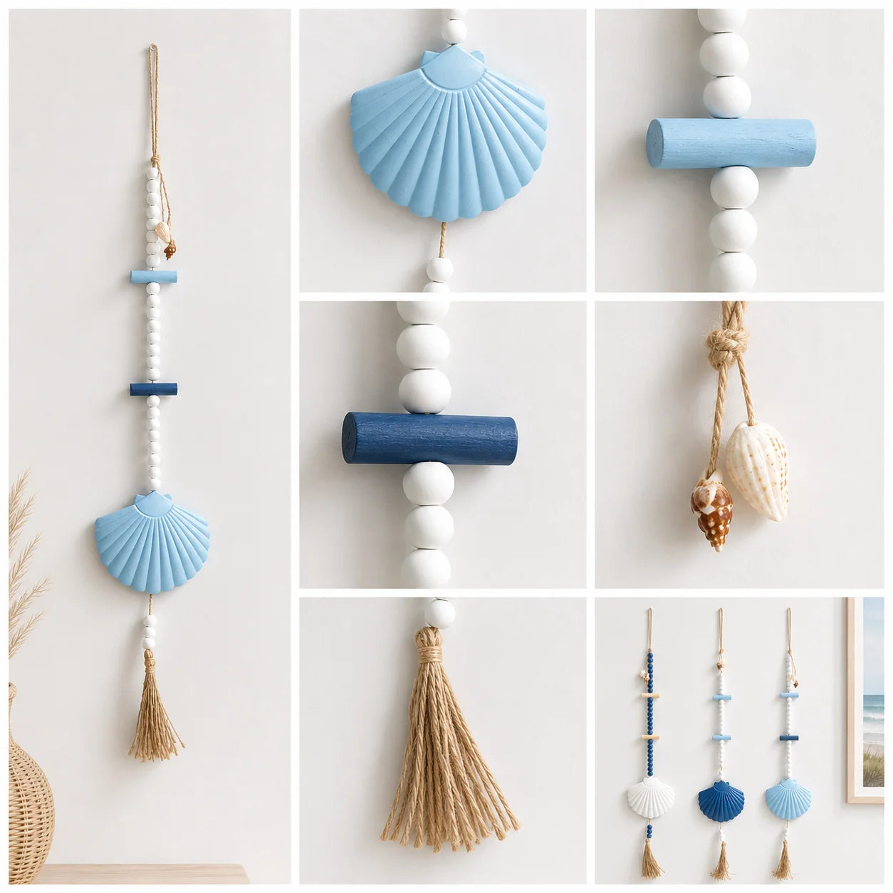 Boho wall hanging featuring blue seashell ornaments, white wooden beads, navy accents and a natural jute tassel.