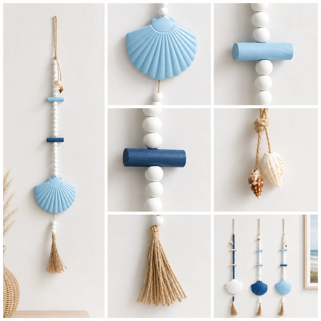 Boho wall hanging with white and blue wooden beads, light blue seashell ornament, and a natural jute tassel.