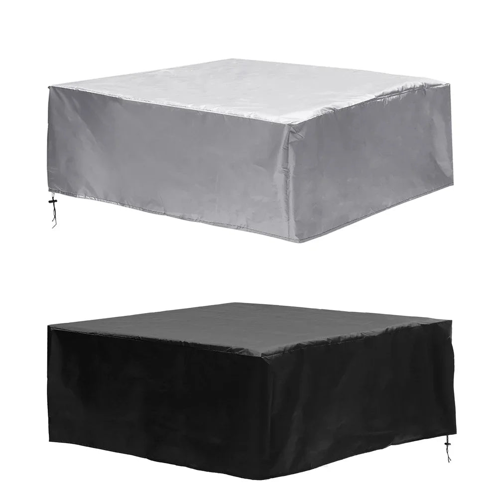 Two square outdoor covers, one silver and one black, shown against a white background.