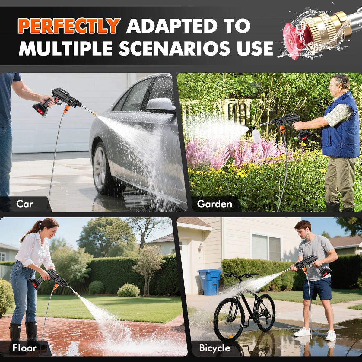 Black cordless pressure washer with red battery shown in use cleaning a car, garden, patio floor, and bicycle.