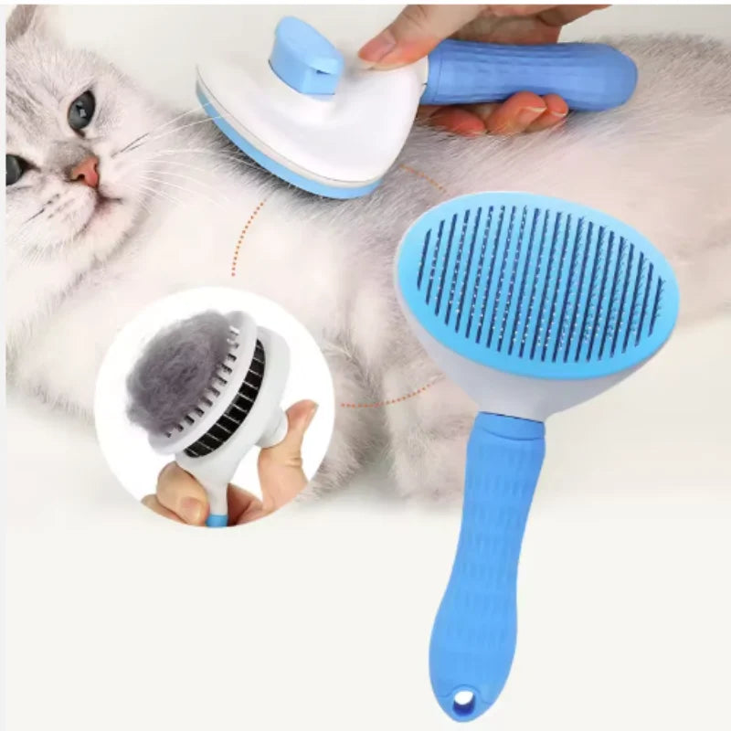 Blue and white self-cleaning pet grooming slicker brush shown in use on a cat and removing loose fur.