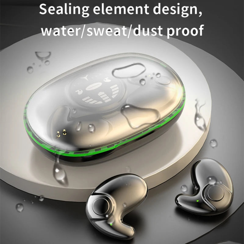 Black wireless earbuds with a translucent, water-resistant oval charging case on a circular stand.