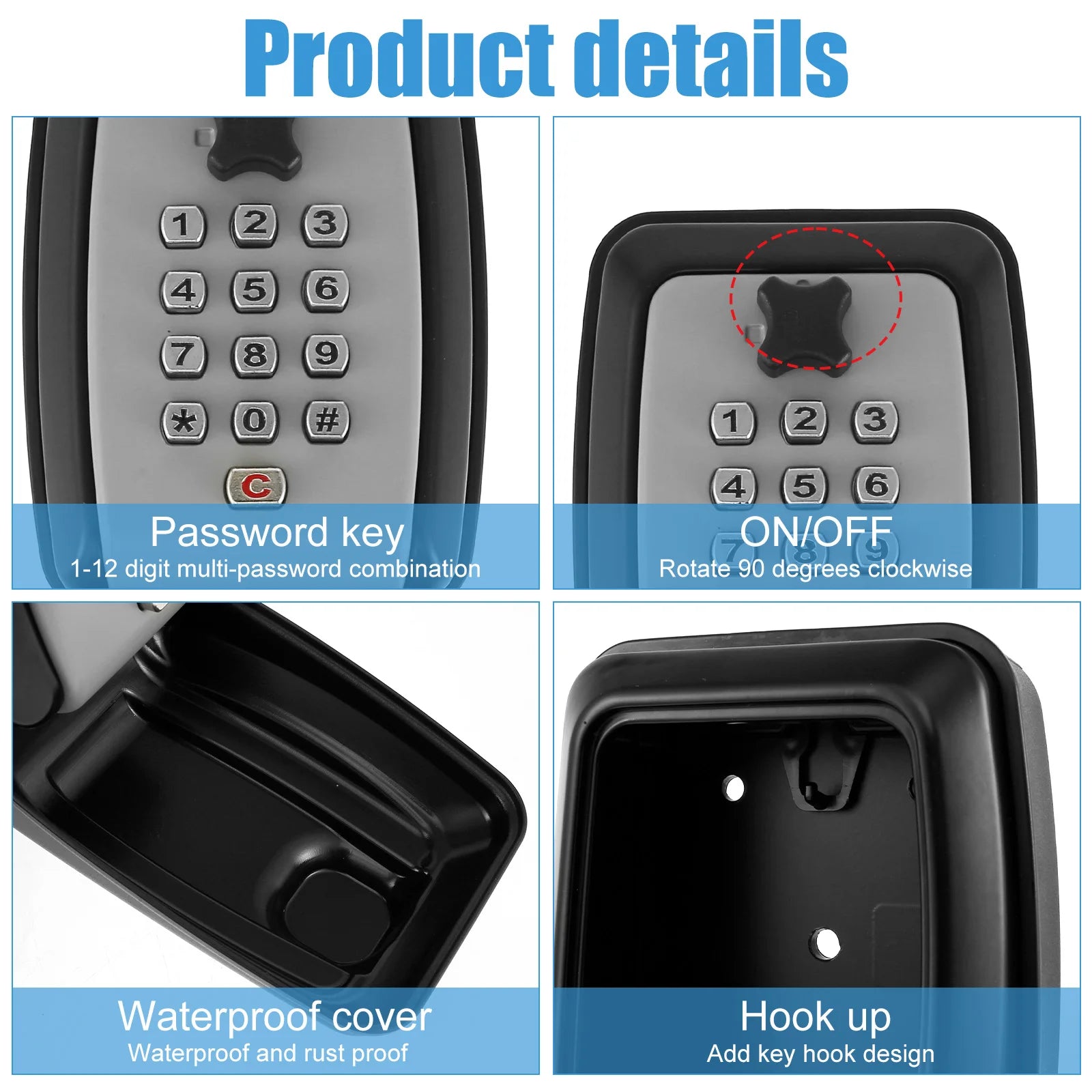 Black plastic key lock box with numeric keypad, waterproof cover, and internal hook, shown in four detail views.