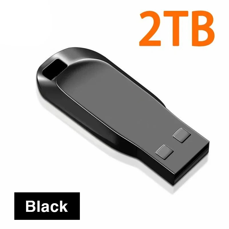 Sleek black 2TB USB 3.0 flash drive with a compact, portable design and built-in keyring hole.
