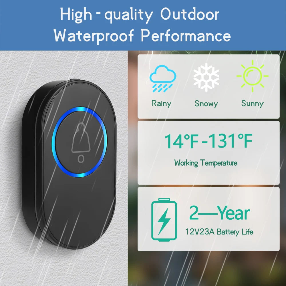 Sleek black, oval-shaped wireless doorbell with a glowing blue light ring, showing weatherproofing and battery features.