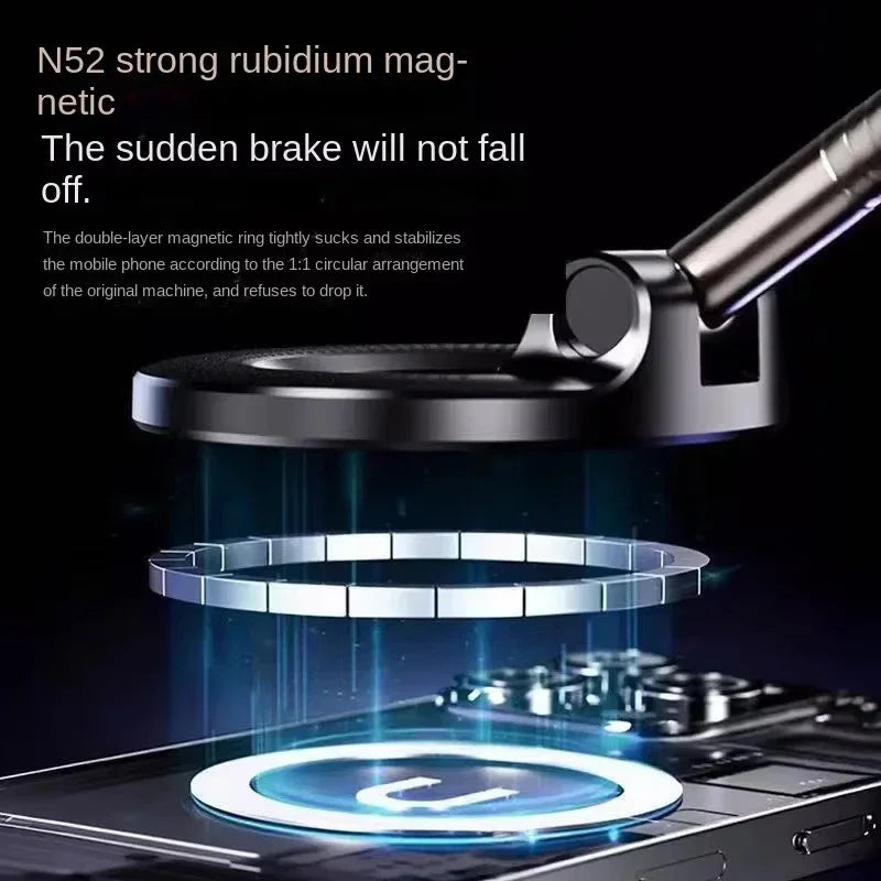 A black magnetic phone mount with a double-ring design, shown attaching to a smartphone via a visible magnetic field.