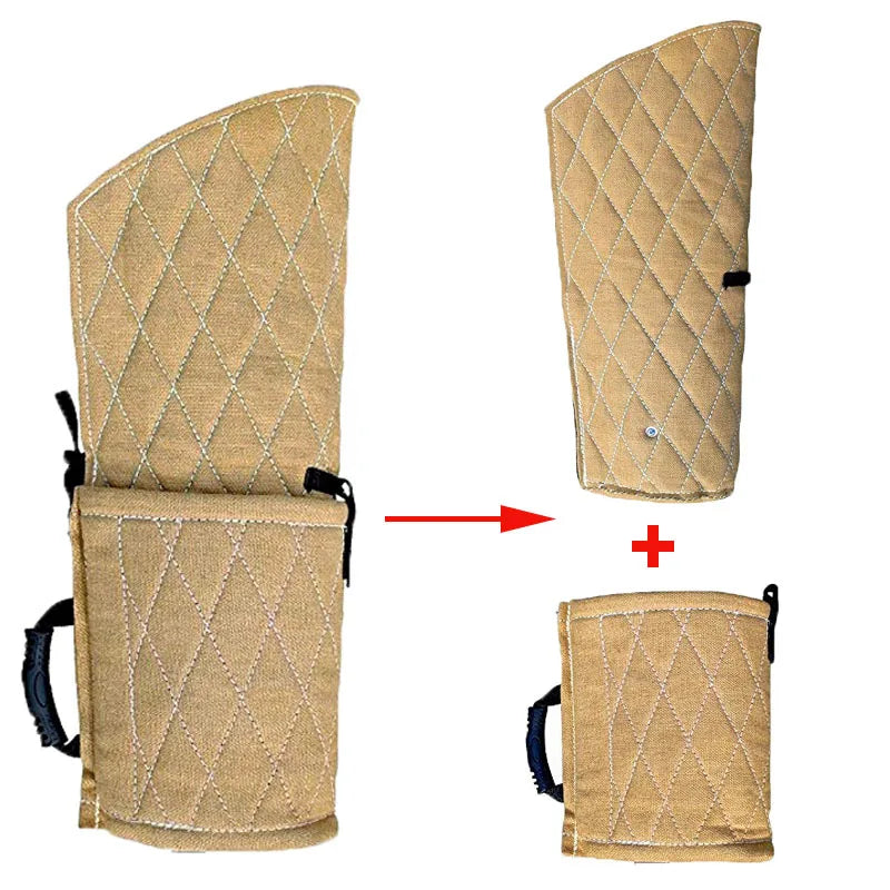 Tan jute dog bite training set featuring a long arm protection sleeve with diamond quilting and a handle.