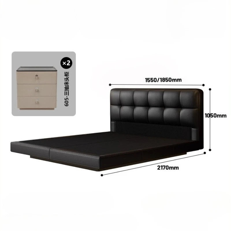 Luxury black leather floating double bed with a tufted headboard, including two matching three-drawer bedside cabinets.