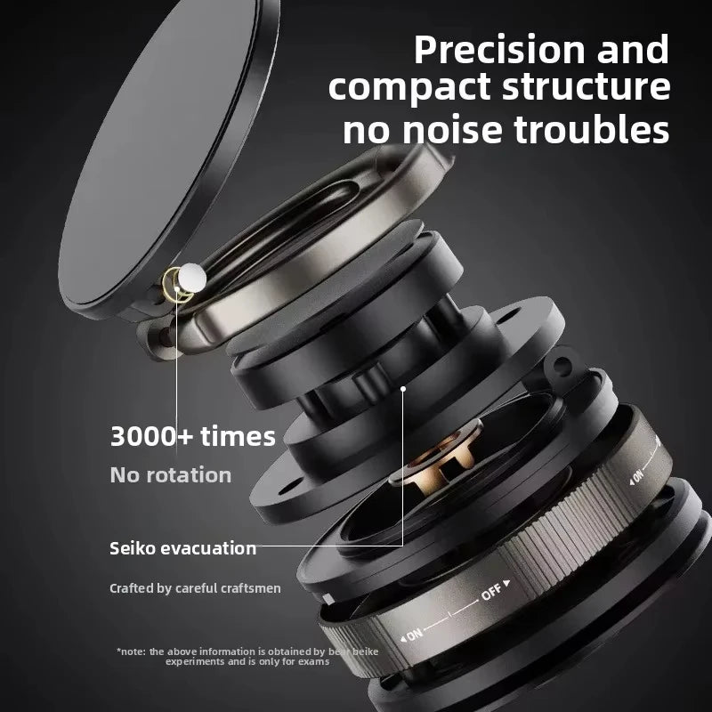 Exploded view of a sleek, black metallic circular component with precise mechanical parts and on/off rotation markings.
