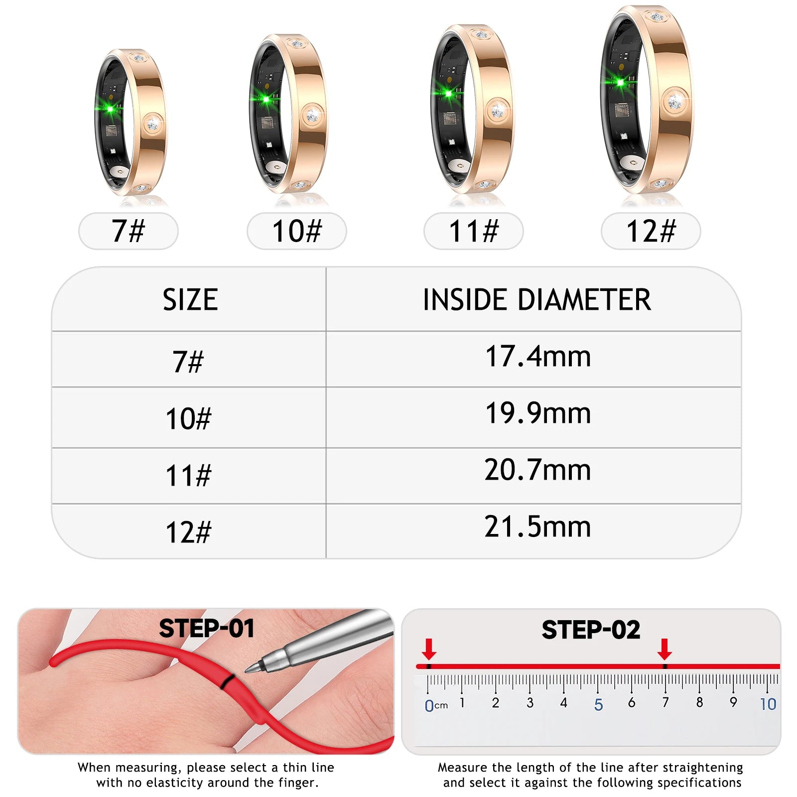 Rose gold smart fitness ring with diamond-style accents and internal sensor, shown with a sizing guide and chart.
