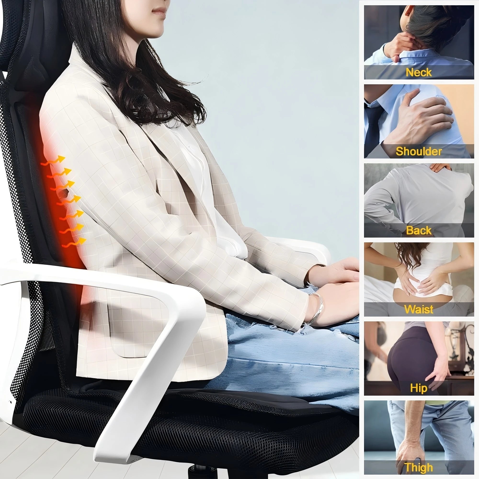 Black multifunctional heated massage cushion on a chair, showing target areas for neck, shoulder, back, waist, hip, thigh.
