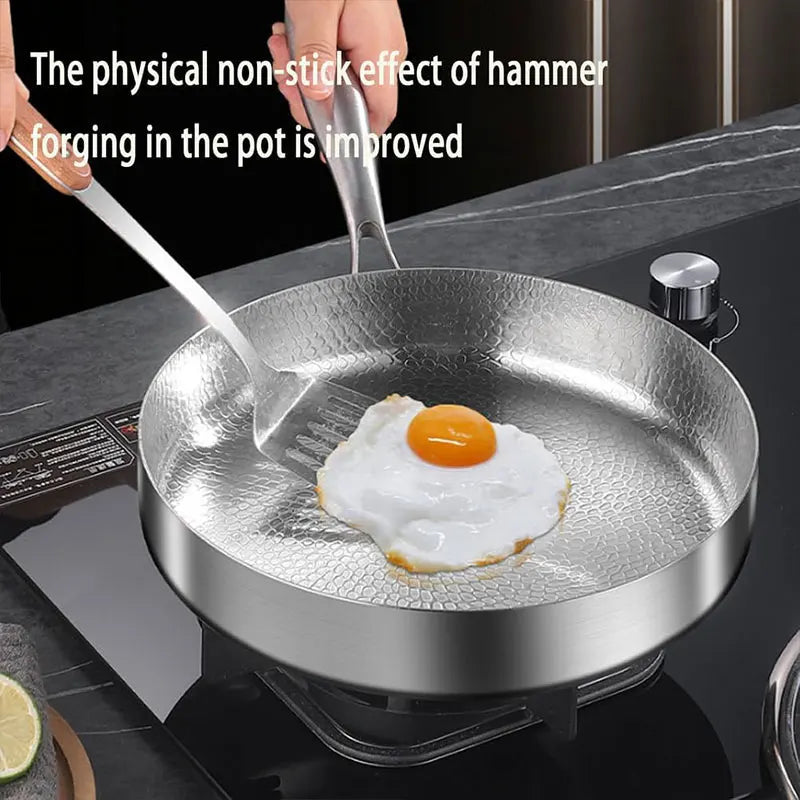 A fried egg in a hammered stainless steel frying pan on a stovetop with text above.