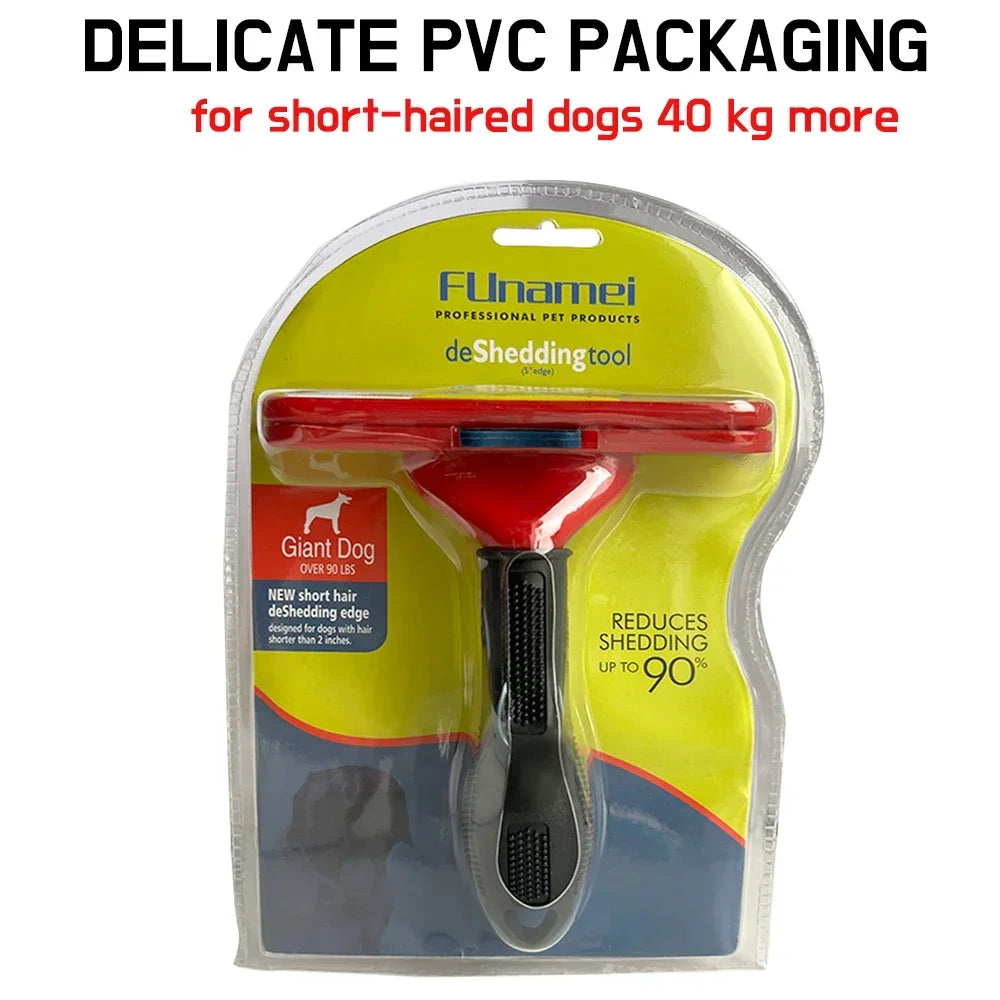 Funamei red and black deshedding tool for giant, short-haired dogs in plastic blister packaging.