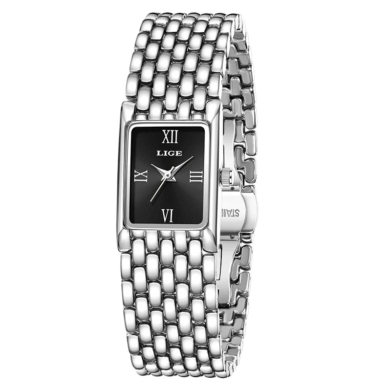 Luxury ladies’ square watch with a black dial, silver Roman numerals, and a polished stainless steel link bracelet.