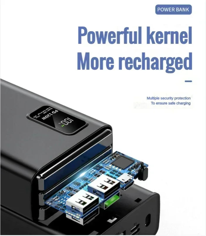 Black 50000mAh 120W power bank with digital display, multiple charging ports, and internal circuit board detail.