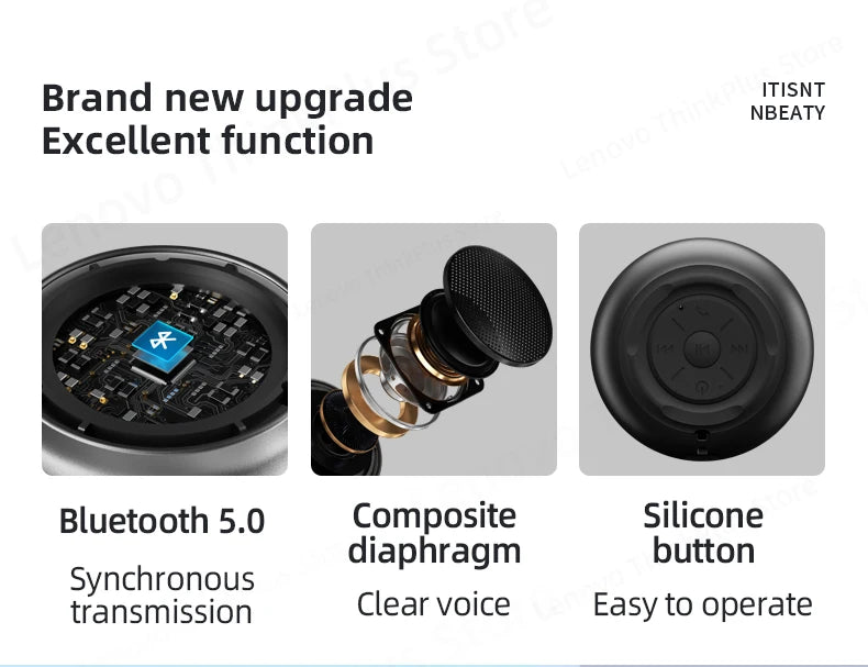 Black portable wireless speaker showing internal speaker components, Bluetooth 5.0 chip, and top silicone controls.