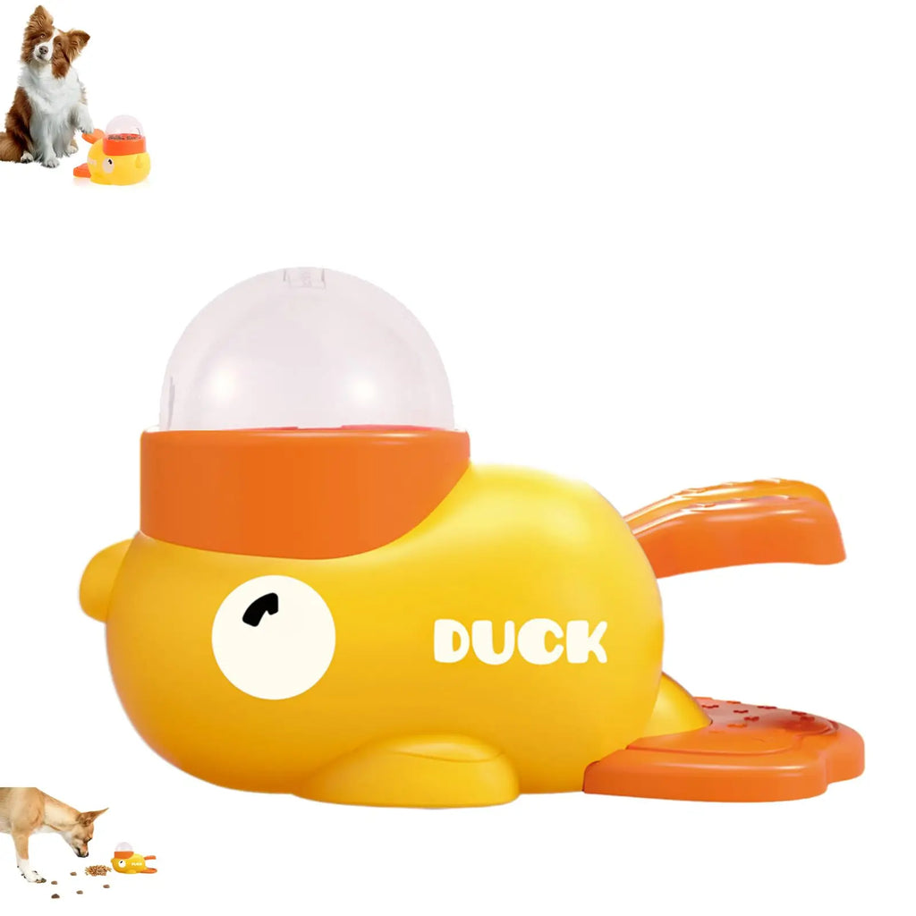 Yellow duck-shaped dog treat dispenser toy with an orange base and a clear dome lid.