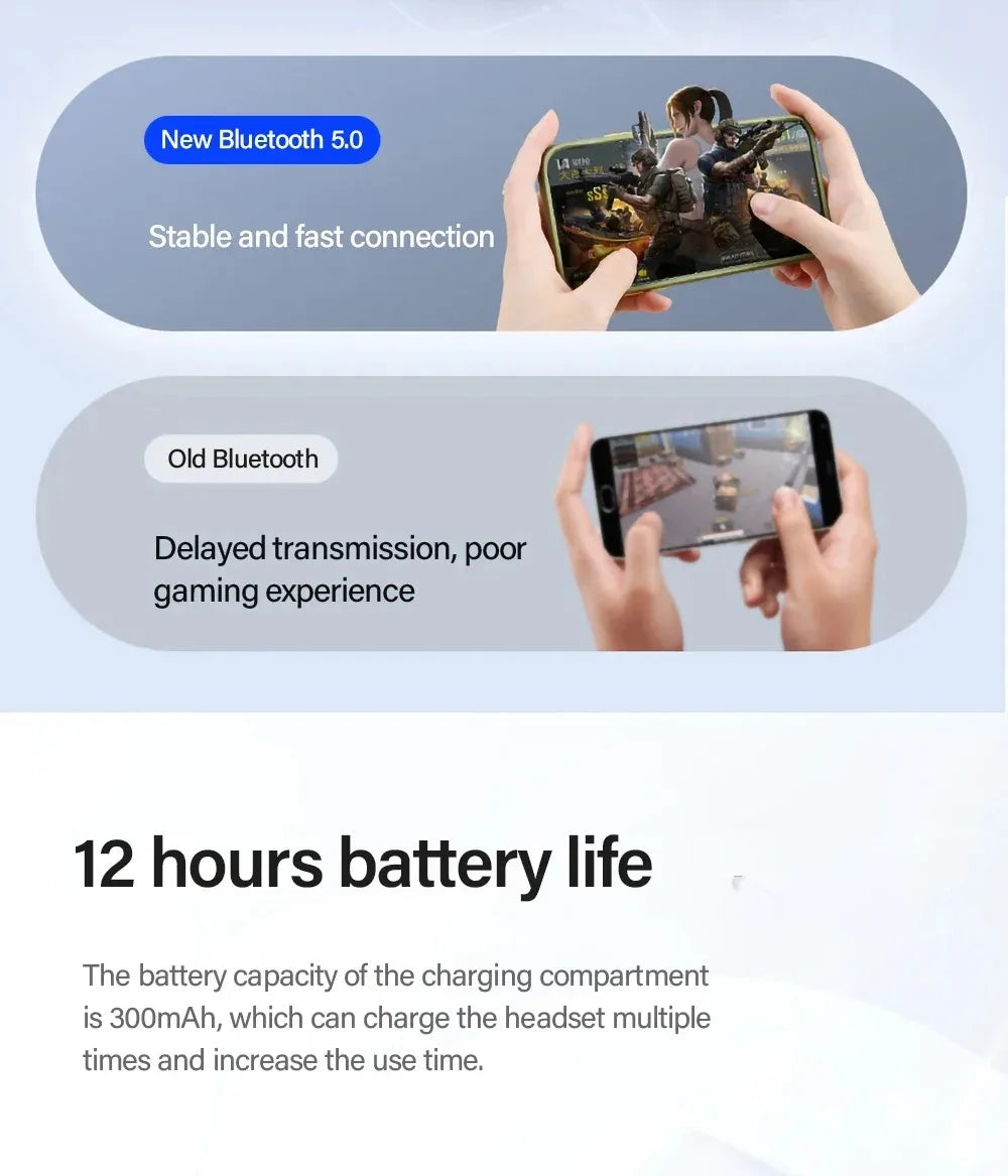 Comparison graphic showing Bluetooth 5.0's fast mobile gaming performance versus old Bluetooth latency.