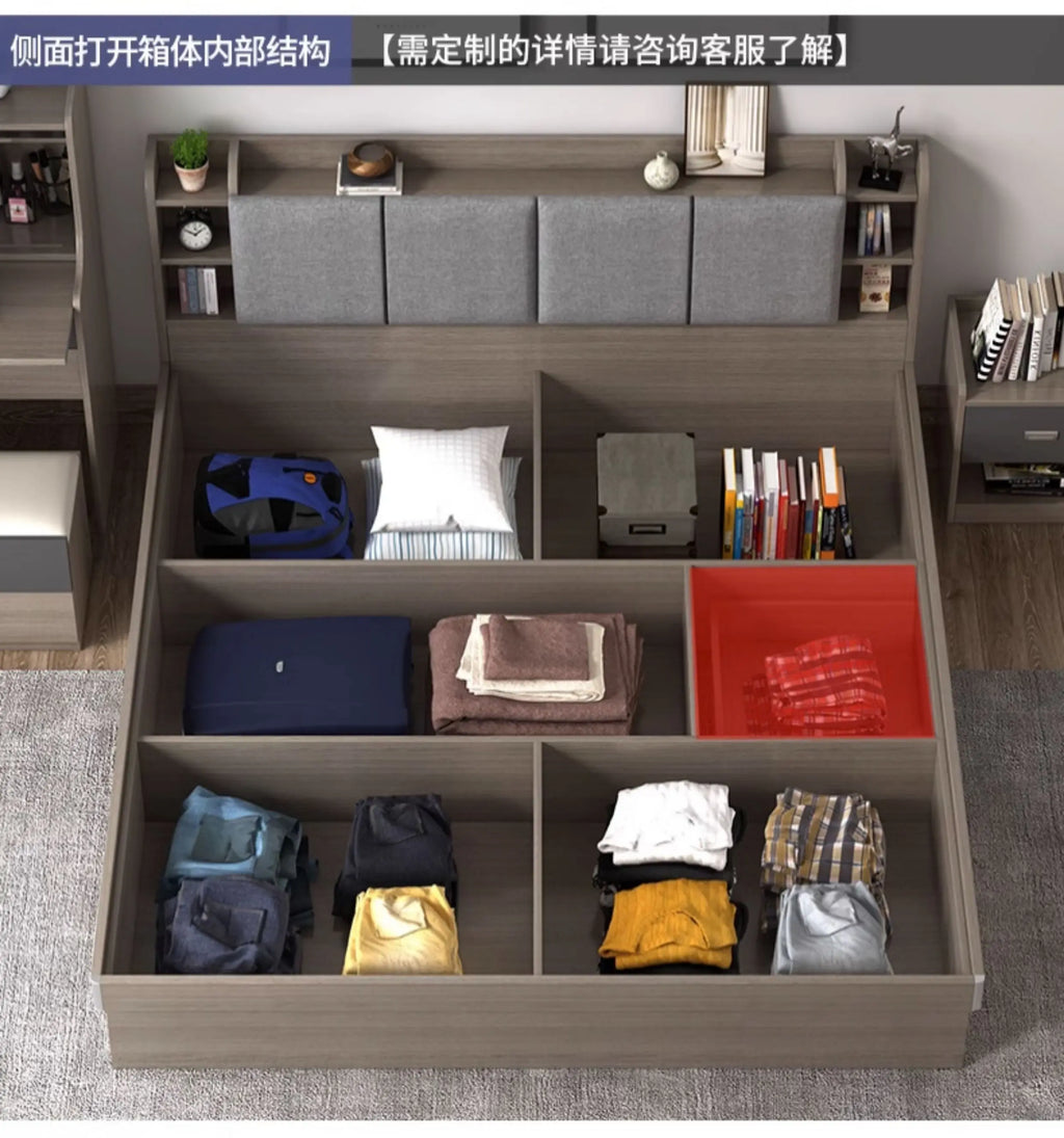 Modern oak-effect storage bed with grey upholstered headboard shelving and internal partitioned storage compartments.