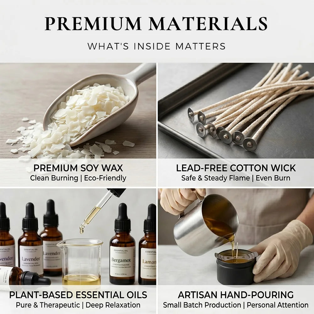 Four-panel collage showing candle making: soy wax flakes, cotton wicks, essential oils, and hand-pouring liquid wax.